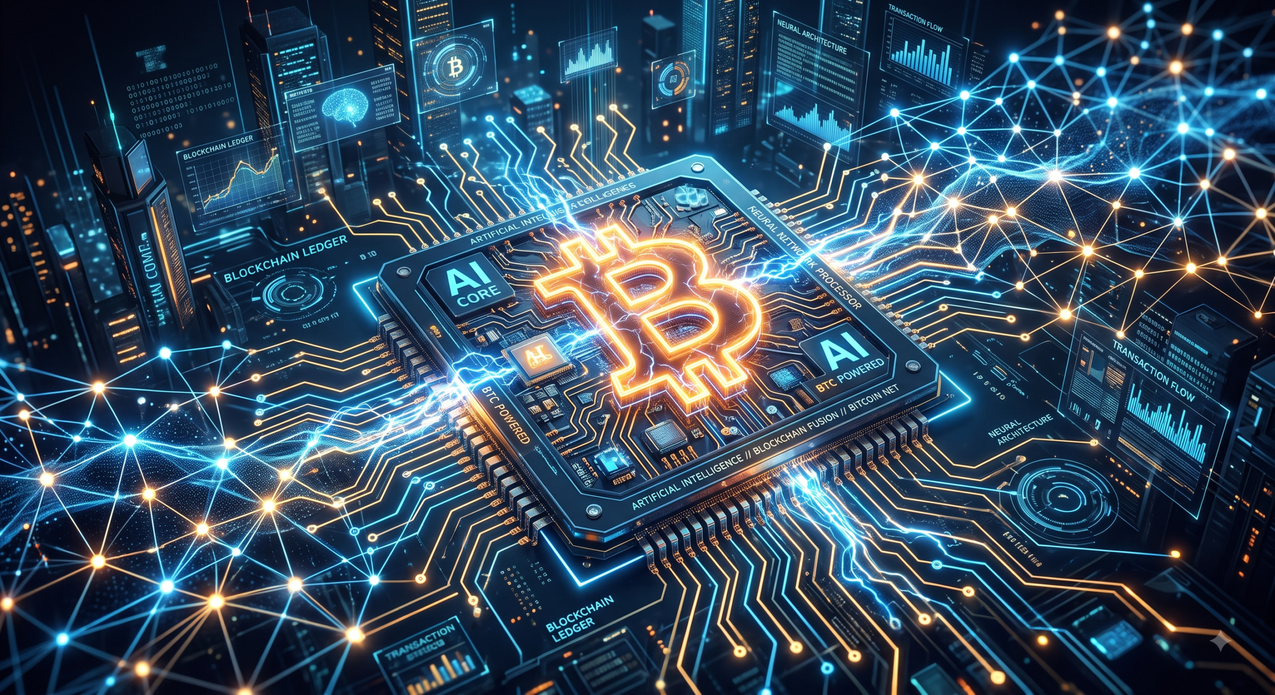 Ilustração de Inteligência Artificial e Bitcoin em alta resolução