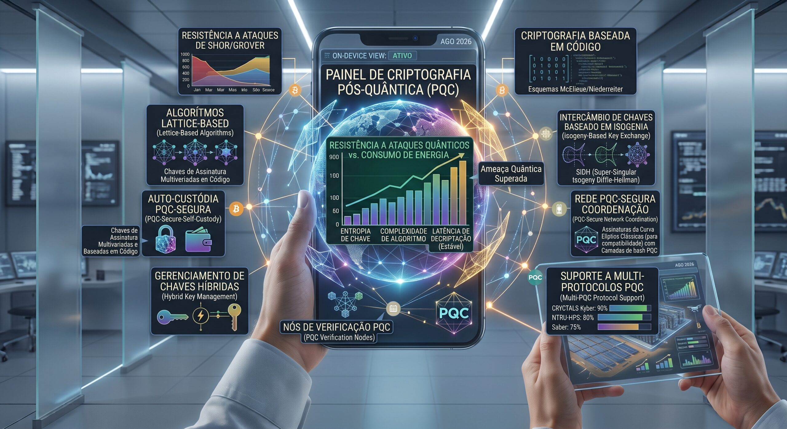 Conceito visual de criptografia pós-quântica protegendo dados