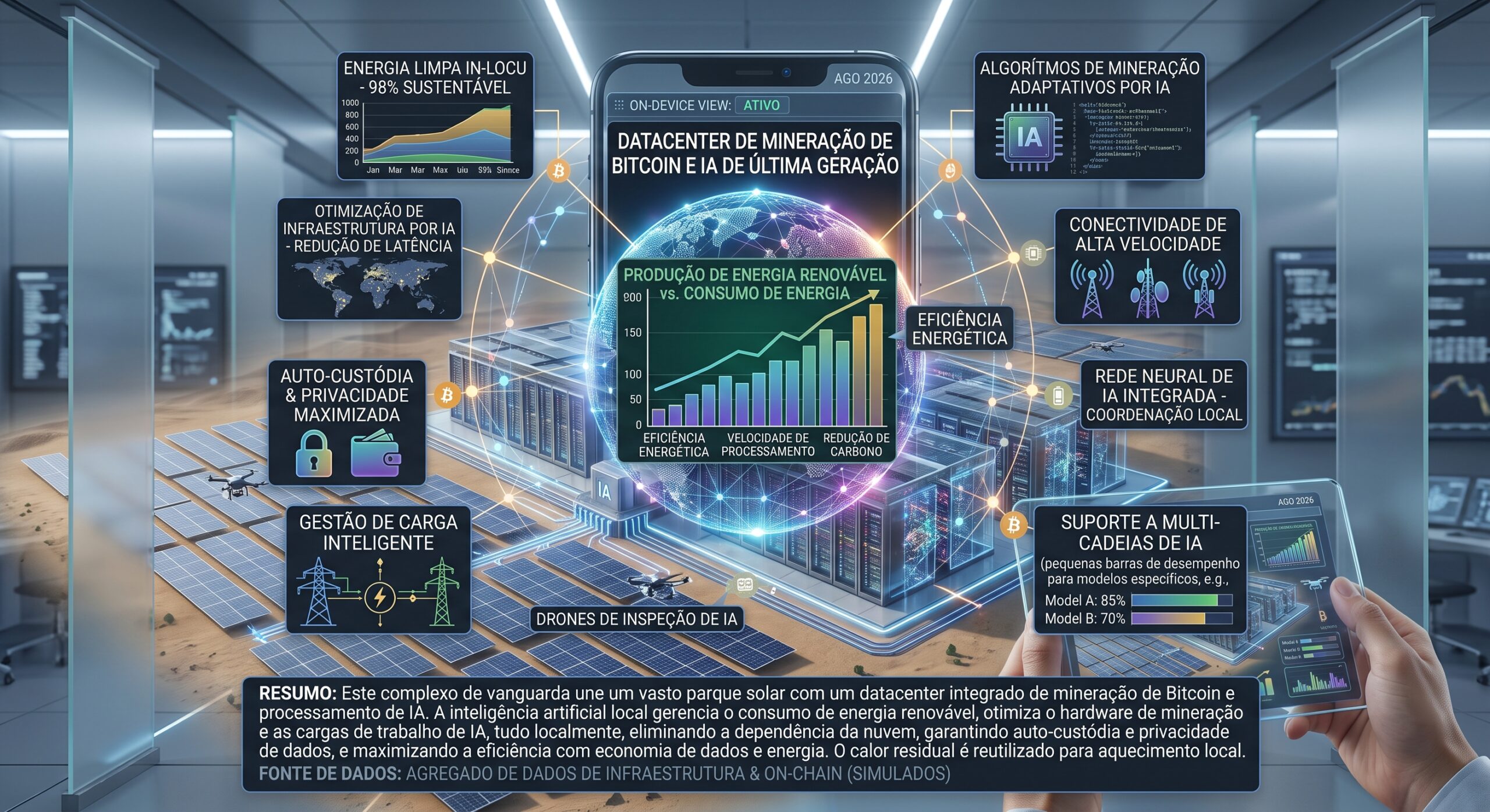 Parque solar conectado a um datacenter de mineração de Bitcoin e inteligência artificial