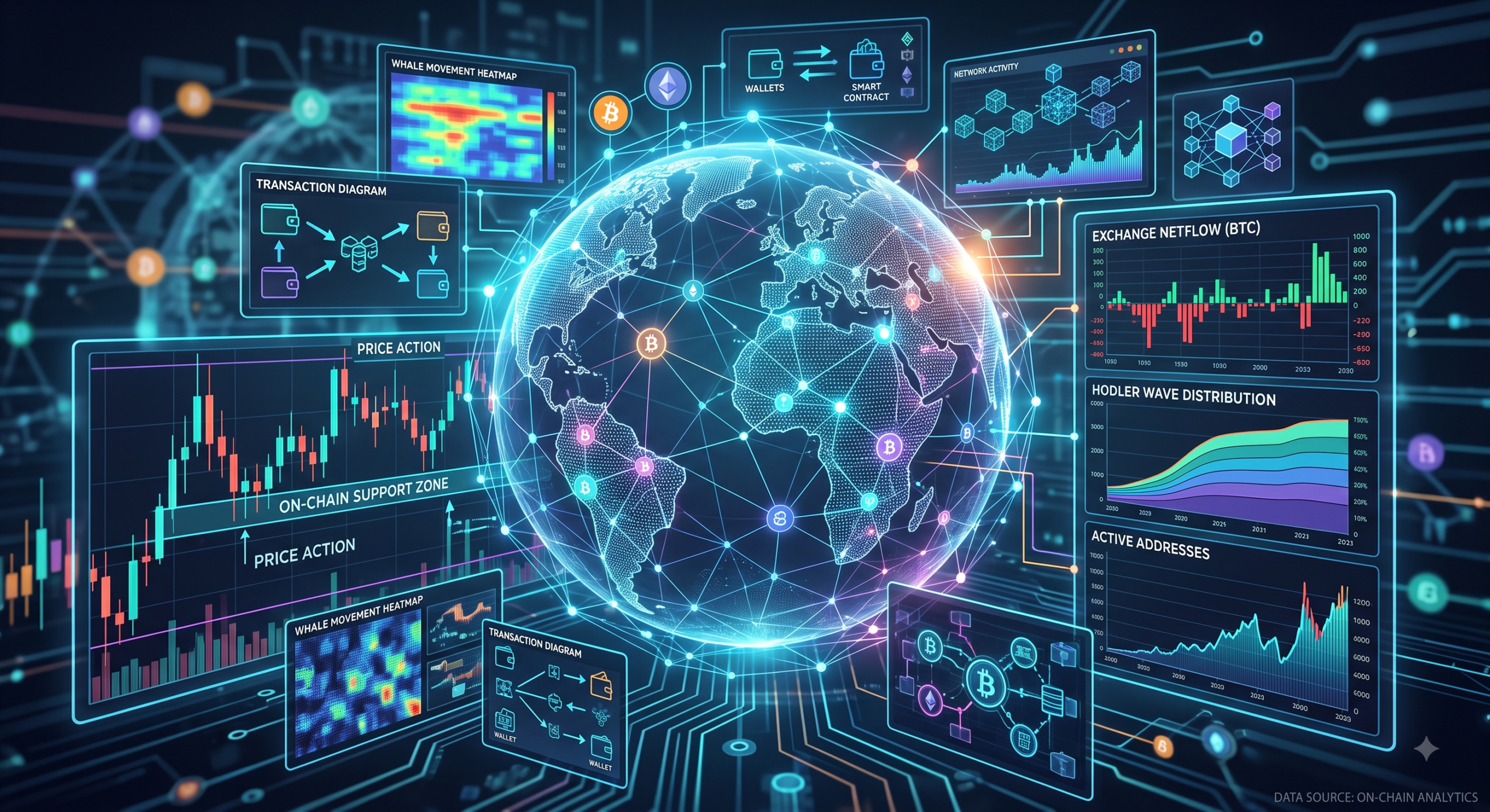 Gráfico de análise on-chain do Bitcoin com métricas digitais