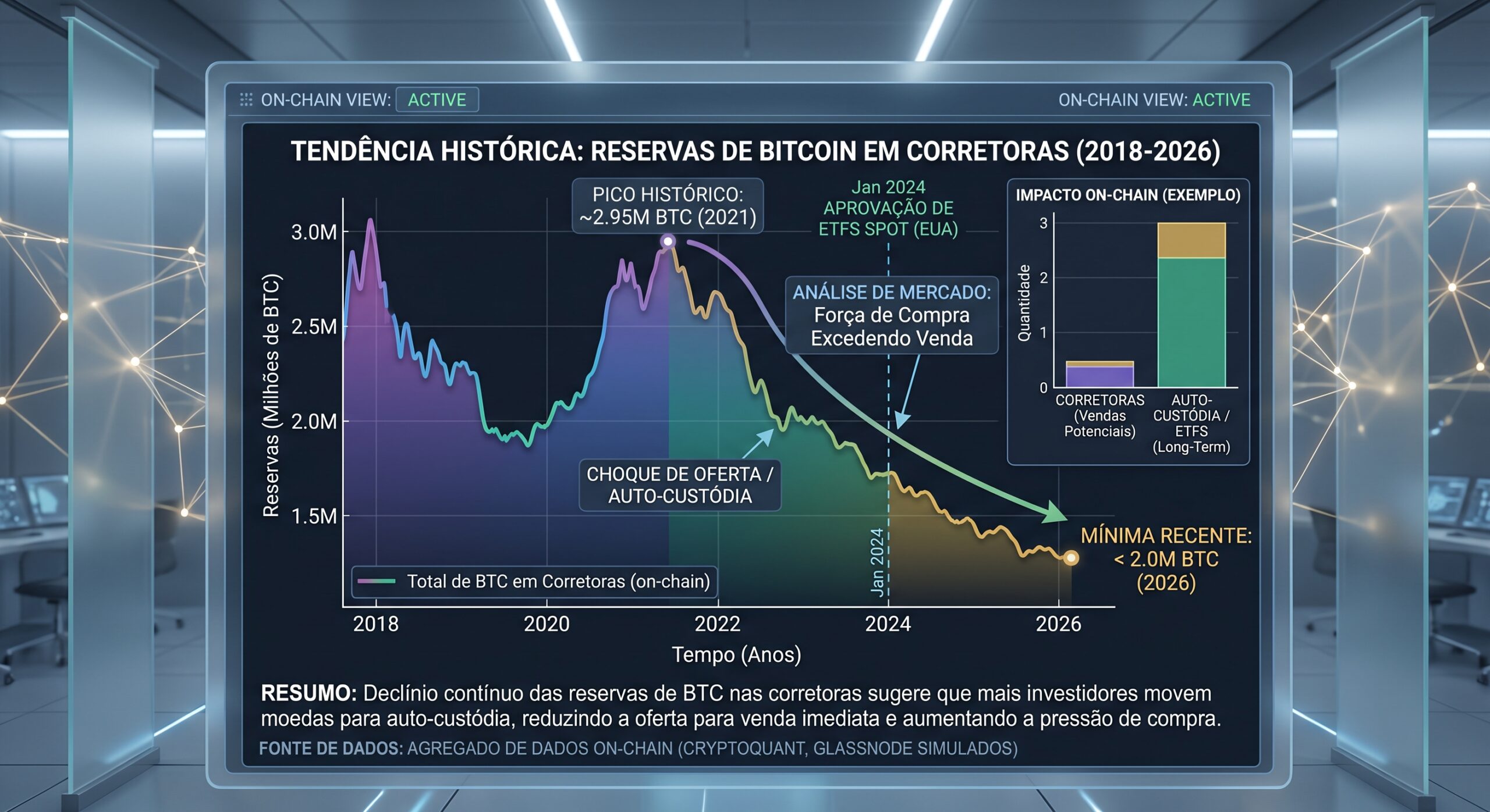Gráfico de queda nas reservas de Bitcoin em corretoras